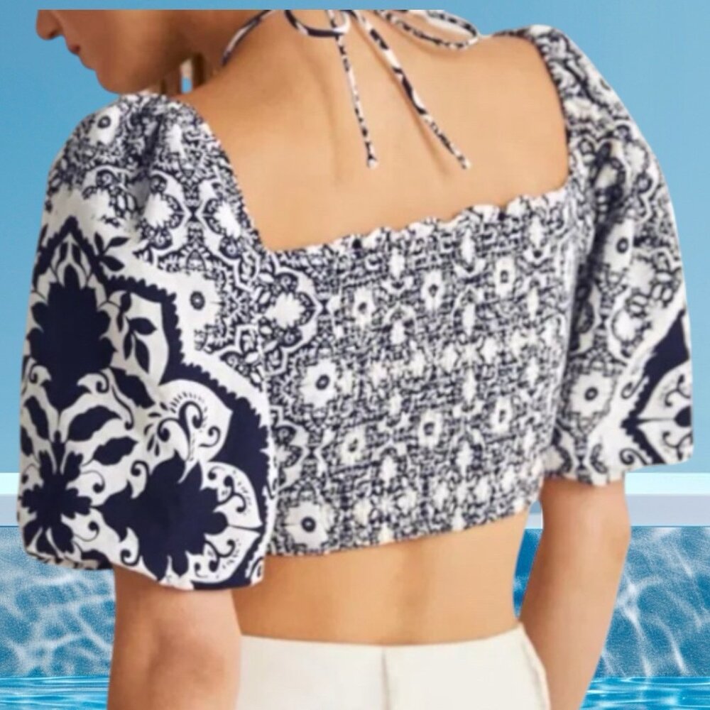 Boden LINEN Halter Neck Cut Out Crop Top Navy Blue WHITE tile Floral Coastal 10 - Picture 2 of 5